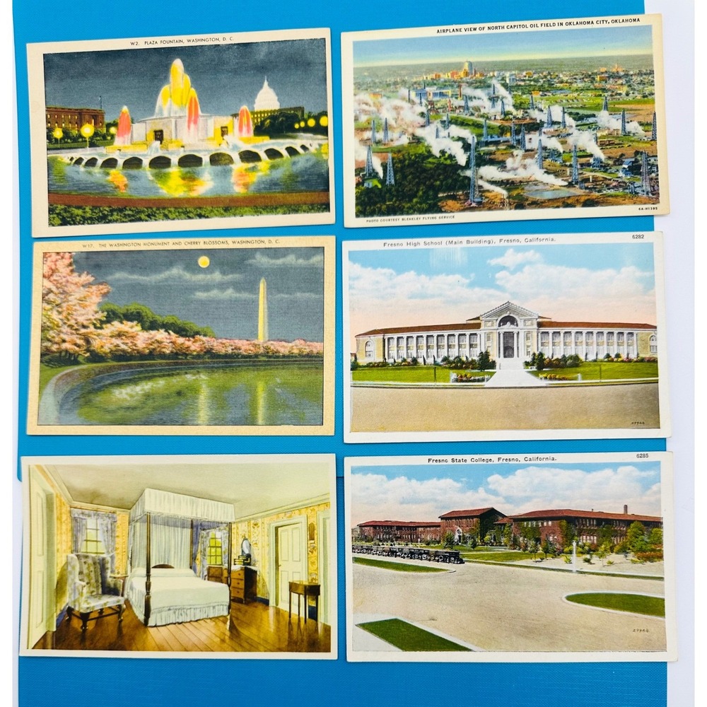 Vintage Linen Postcard Lot of 6 DC Oklahoma California Mount Vernon Unposted
